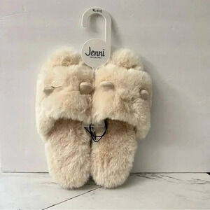 Jenni Faux Fur Slippers Size XL 11-12 Ivory Beige Open Toe With Ear Details